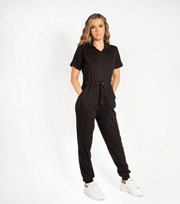 Justyouroutfit Black Ribbed Collared Drawstring Jumpsuit